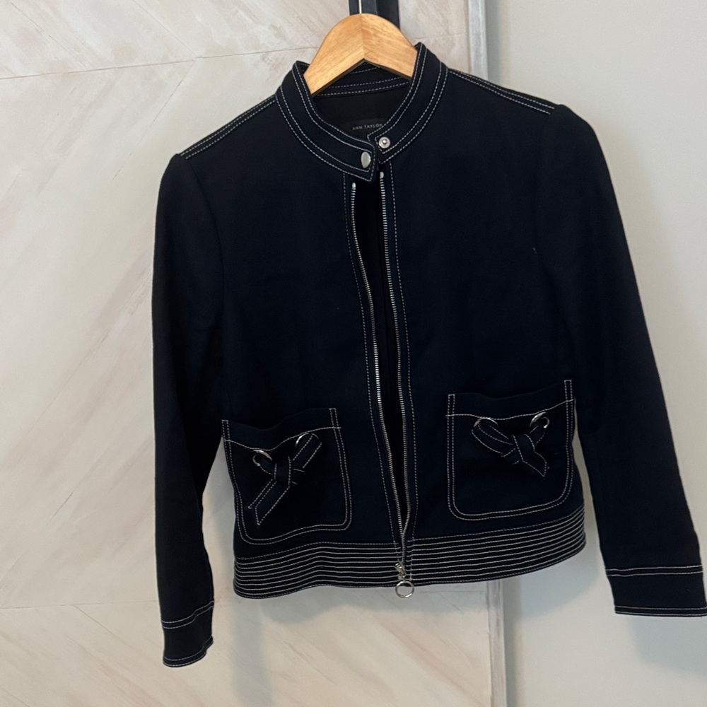 Ann Taylor Navy Jacket with White Stitching